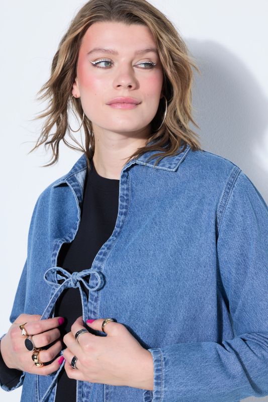 Ribbon Tie Long Sleeve Denim Jacket