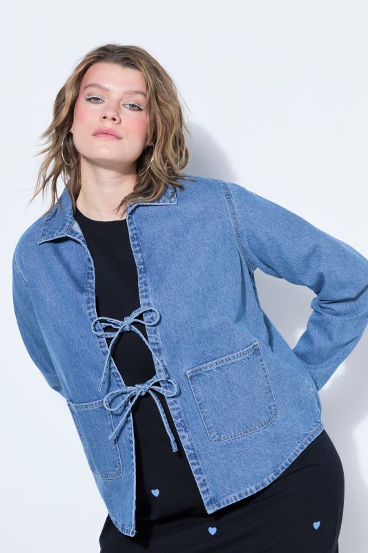 Ribbon Tie Long Sleeve Denim Jacket