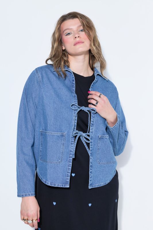 Ribbon Tie Long Sleeve Denim Jacket