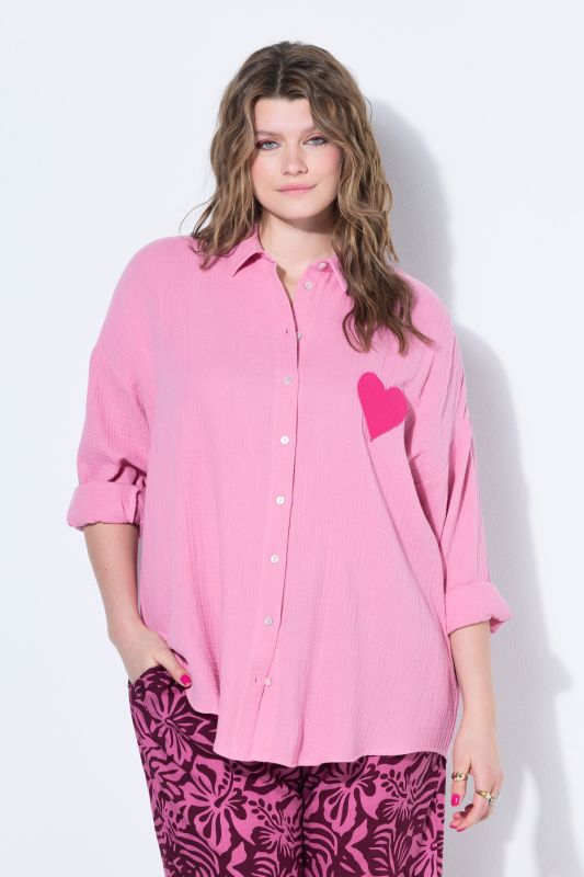 Oversized Muslin Heart Patch Button-Down Blouse