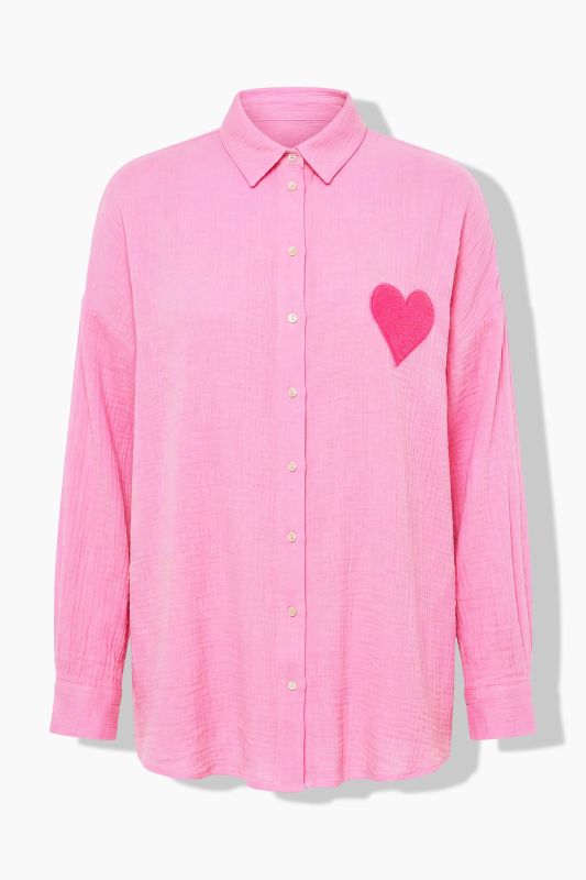 Oversized Muslin Heart Patch Button-Down Blouse
