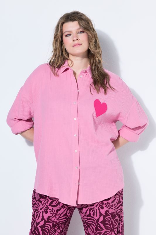 Oversized Muslin Heart Patch Button-Down Blouse