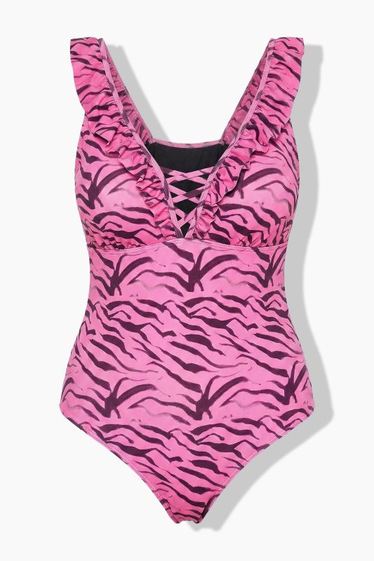 Pink Zebra Print Ruffled One-Piece Swimsuit