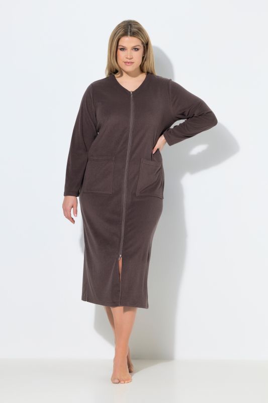 Long Zip Front Cotton Blend Terry Bathrobe