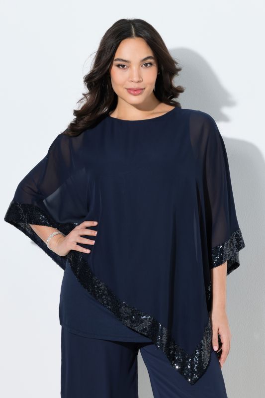 Sequined Trim Asymmetric Layered Chiffon Blouse