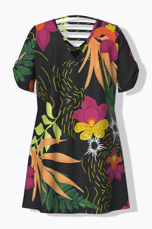 Colorful Cat Print Cutout Short Sleeve Dress