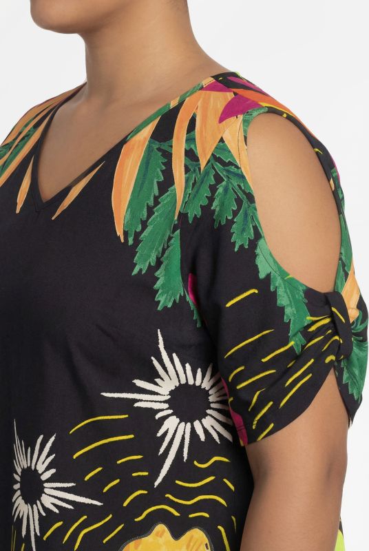 Colorful Cat Print Cutout Short Sleeve Dress