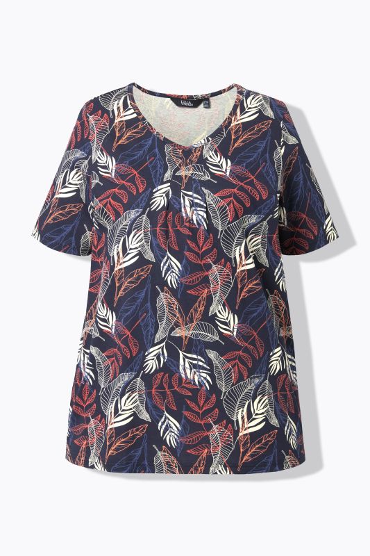 Leaf Print Pleated Short Sleeve Tee