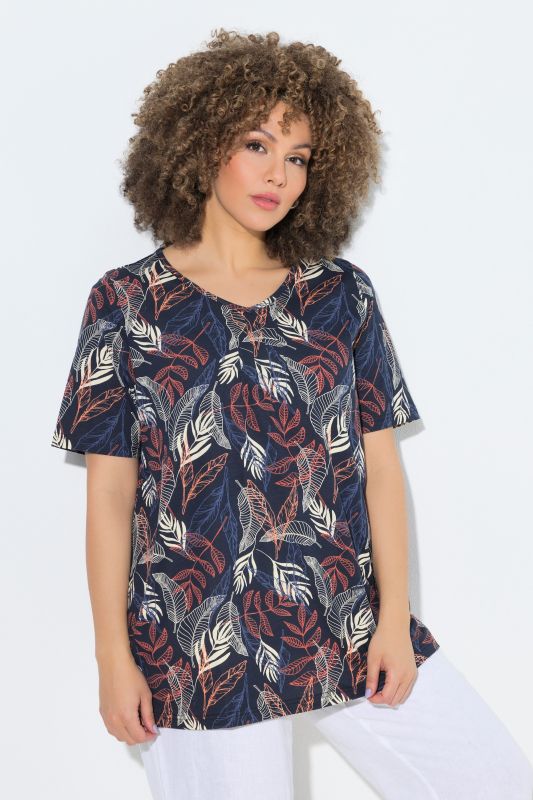 Leaf Print Pleated Short Sleeve Tee