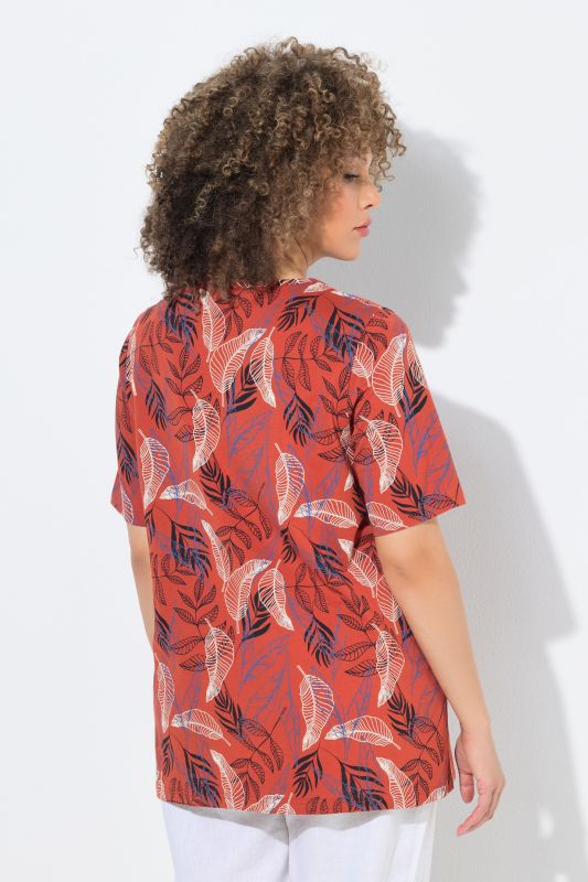 Leaf Print Pleated Short Sleeve Tee
