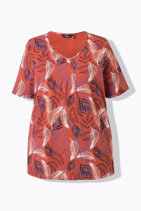 Leaf Print Pleated Short Sleeve Tee