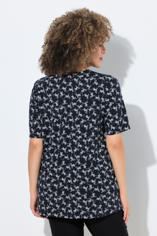 Flowers Script Print Split Neck Tee