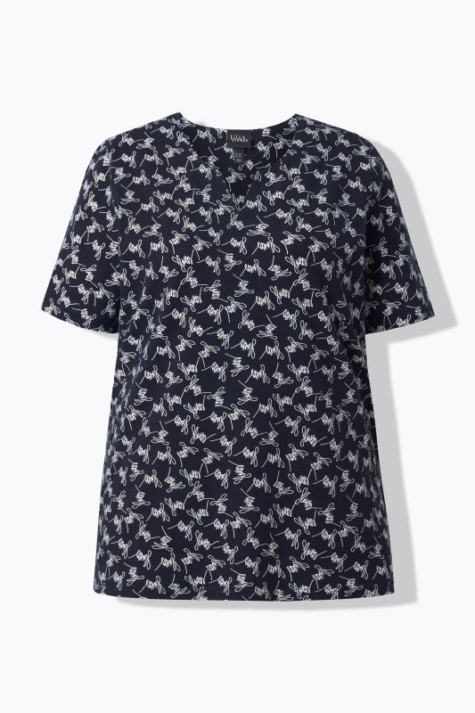 Flowers Script Print Split Neck Tee