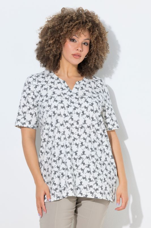 Flowers Script Print Split Neck Tee
