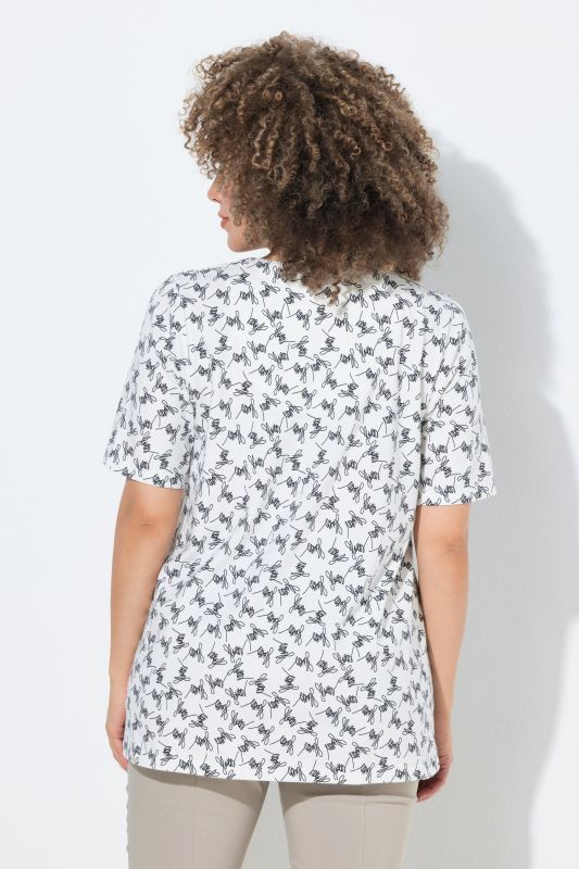 Flowers Script Print Split Neck Tee