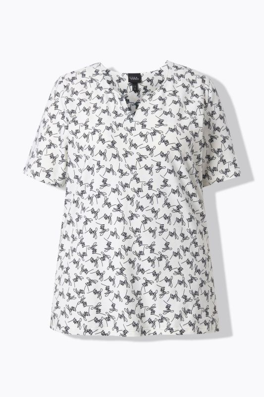 Flowers Script Print Split Neck Tee