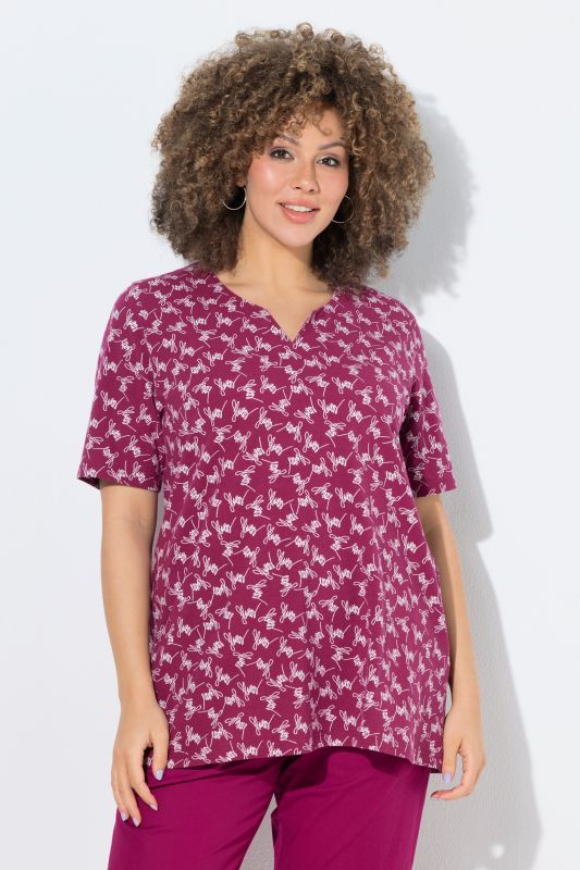 Flowers Script Print Split Neck Tee