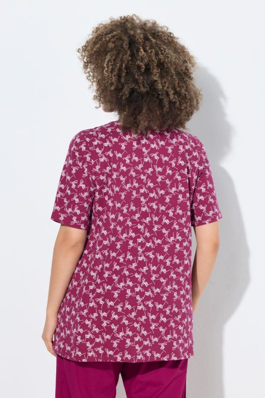 Flowers Script Print Split Neck Tee