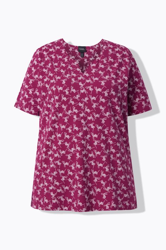 Flowers Script Print Split Neck Tee