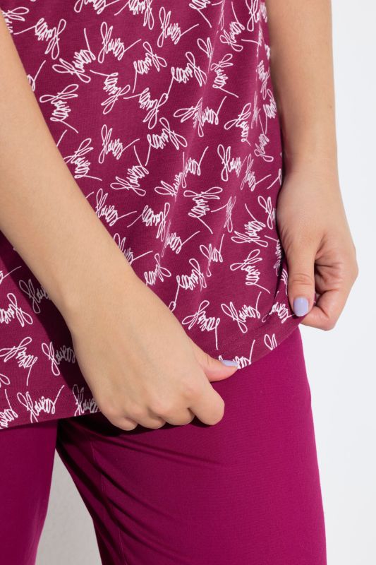 Flowers Script Print Split Neck Tee