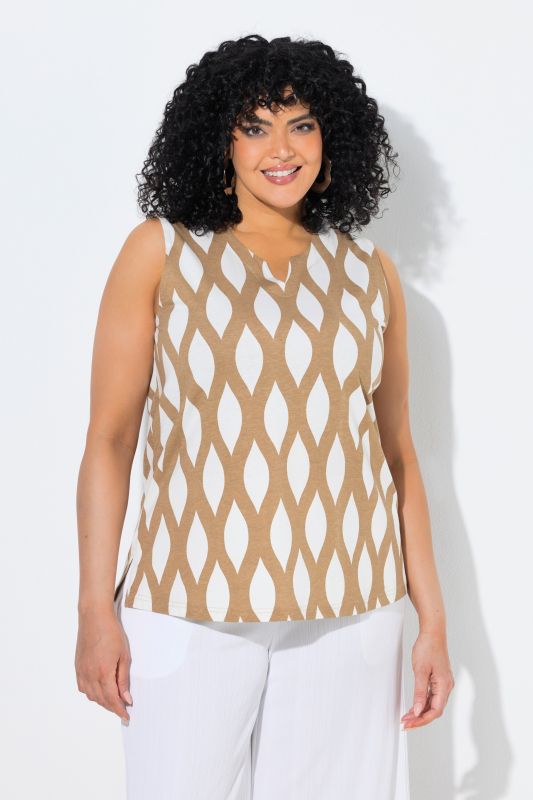 Ogee Print Sleeveless Split Neck Blouse