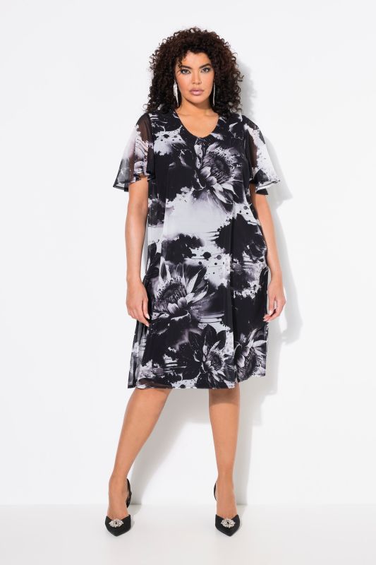 Greyscale Floral Print Layered Mesh Dress