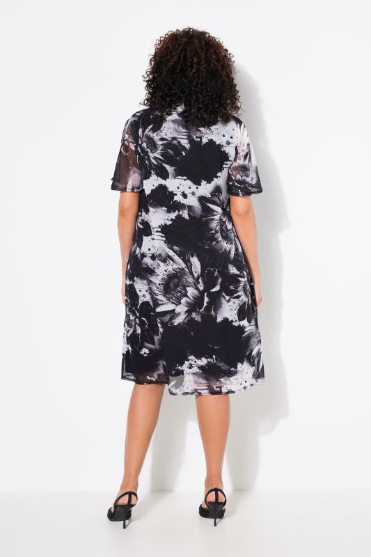 Greyscale Floral Print Layered Mesh Dress