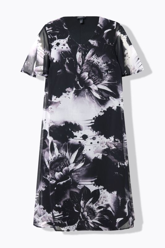 Greyscale Floral Print Layered Mesh Dress