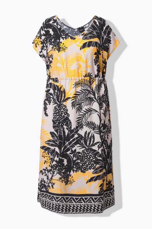 Tropical Foliage Print Cap Sleeve Dress