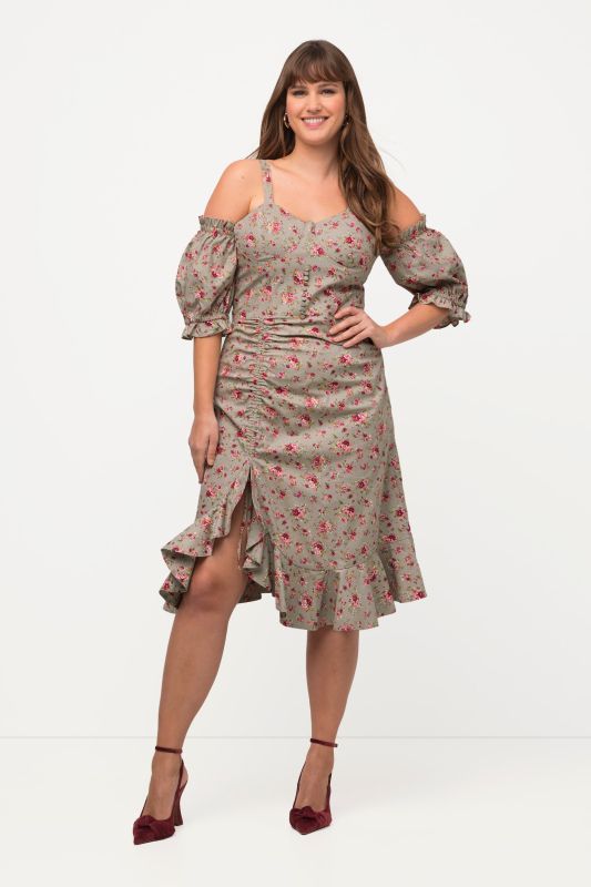 Flounce Hem Rose Print Cold Shoulder Dress