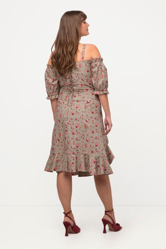 Flounce Hem Rose Print Cold Shoulder Dress