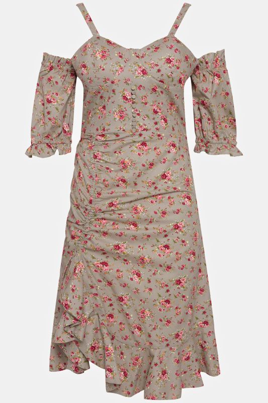 Flounce Hem Rose Print Cold Shoulder Dress