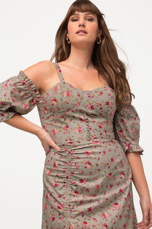 Flounce Hem Rose Print Cold Shoulder Dress