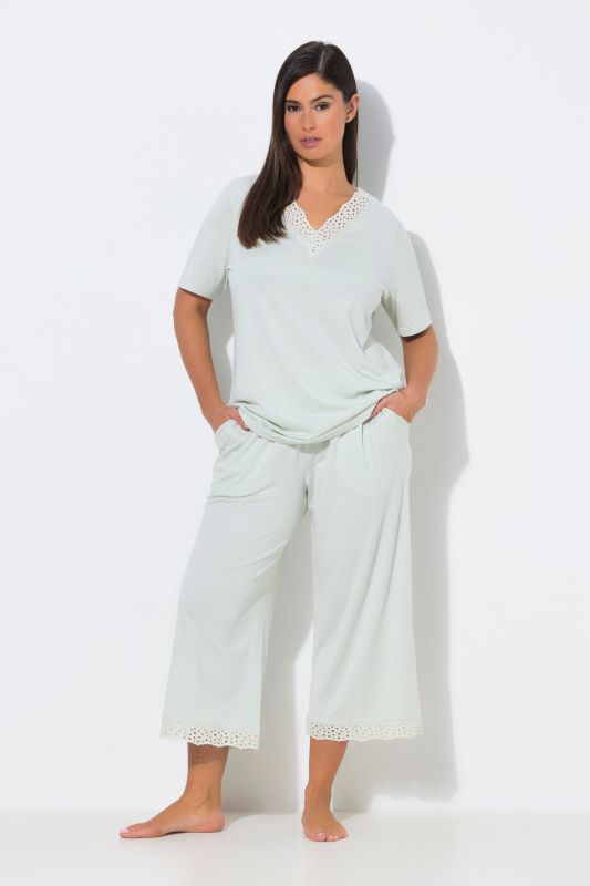 Eyelet Trim V-Neck Super Soft Cotton Blend Pajama Set
