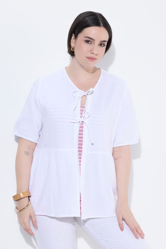 Muslin Short Sleeve Ribbon Tie Blouse