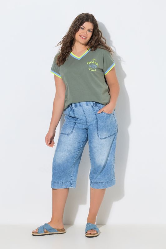 Stonewashed Elastic Waist Denim Capris
