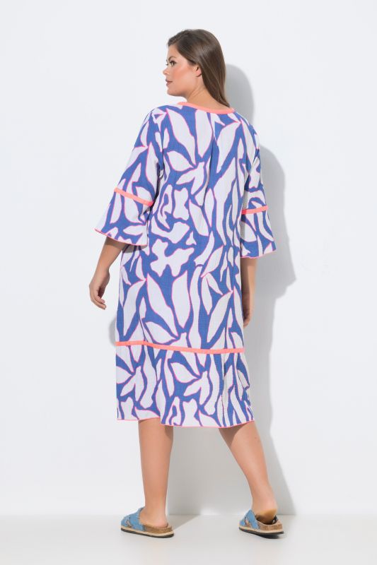 Abstract Print Contrast Color 3/4 Sleeve Muslin Dress