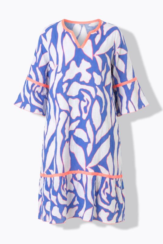 Abstract Print Contrast Color 3/4 Sleeve Muslin Dress