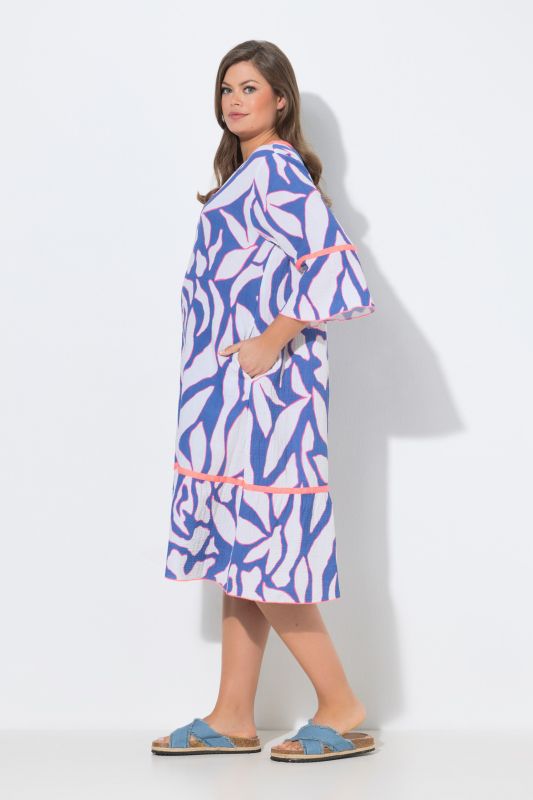 Abstract Print Contrast Color 3/4 Sleeve Muslin Dress