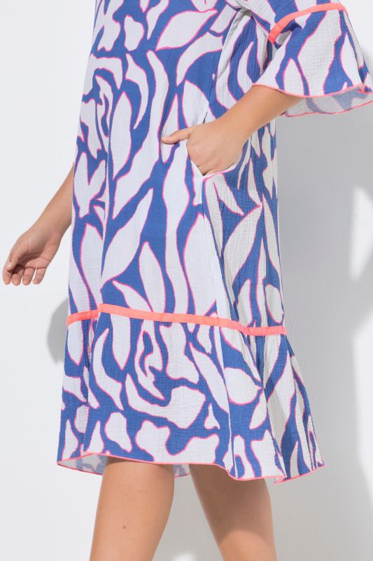 Abstract Print Contrast Color 3/4 Sleeve Muslin Dress