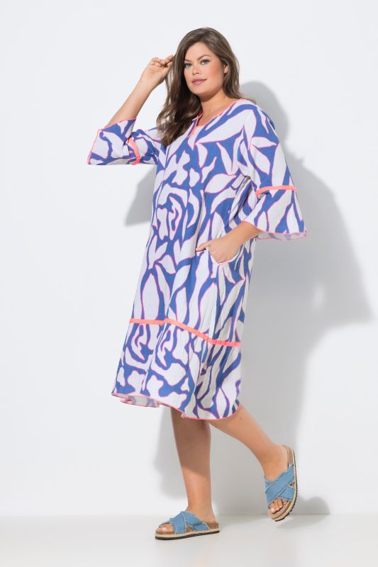Abstract Print Contrast Color 3/4 Sleeve Muslin Dress