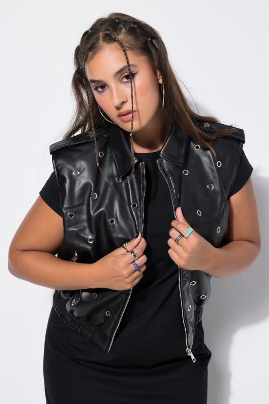 fake leather vest, cropped boxy shape, decorative eyelets