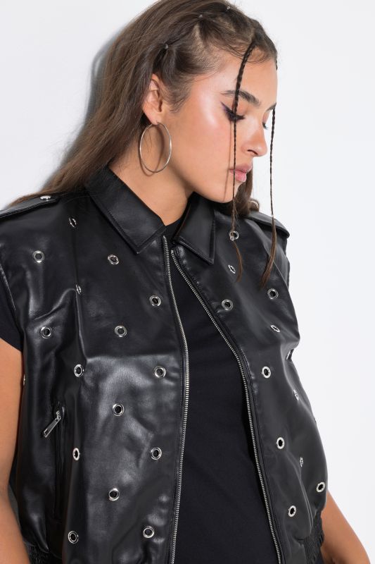 fake leather vest, cropped boxy shape, decorative eyelets