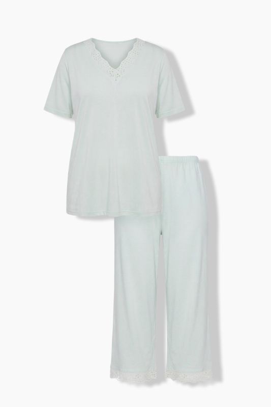 Eyelet Trim V-Neck Super Soft Cotton Blend Pajama Set