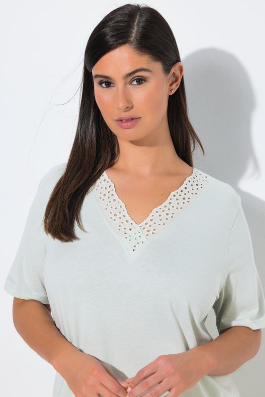 Eyelet Trim V-Neck Super Soft Cotton Blend Pajama Set