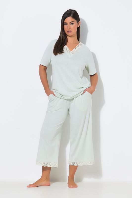 Eyelet Trim V-Neck Super Soft Cotton Blend Pajama Set
