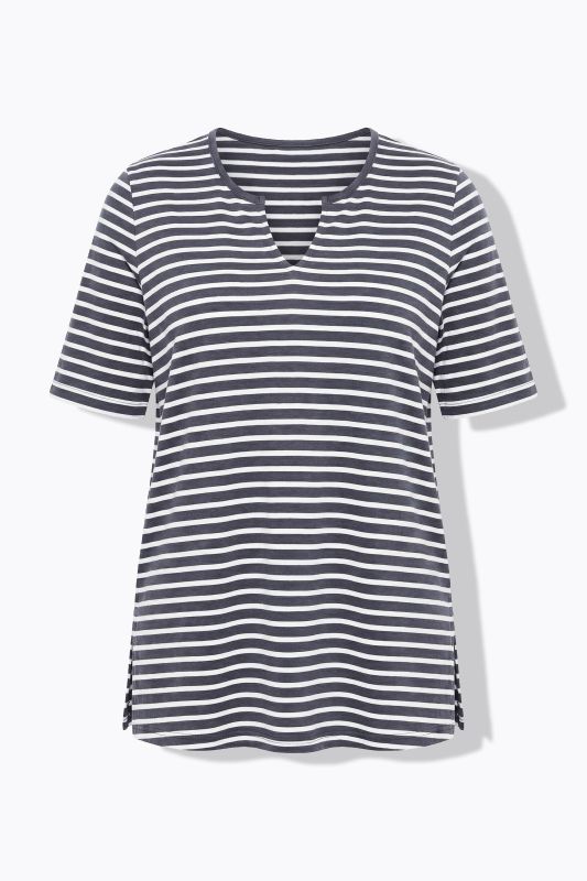 Striped Split Neck Short Sleeve Tee