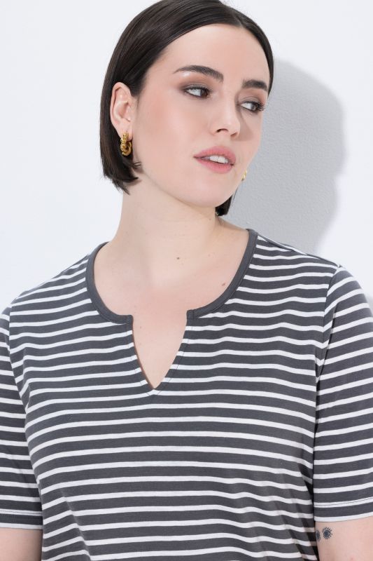 Striped Split Neck Short Sleeve Tee