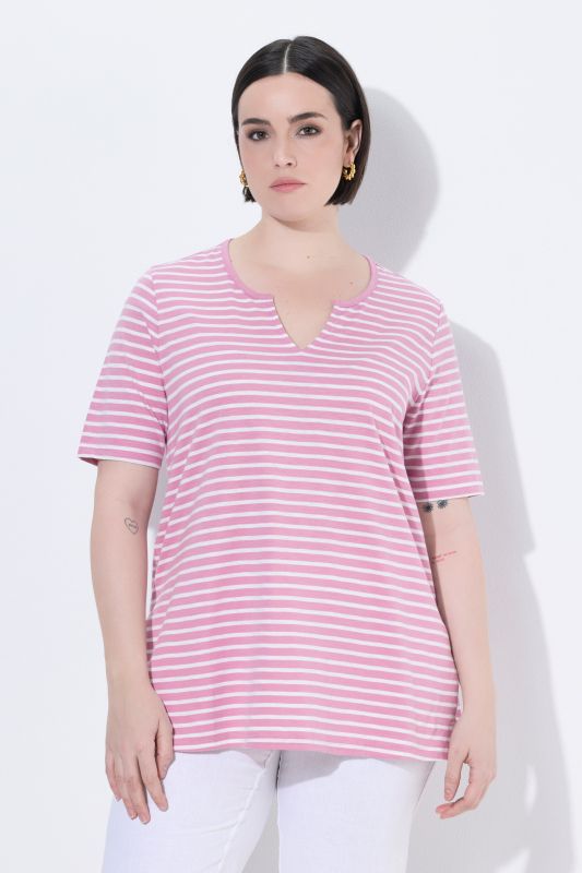 Striped Split Neck Short Sleeve Tee