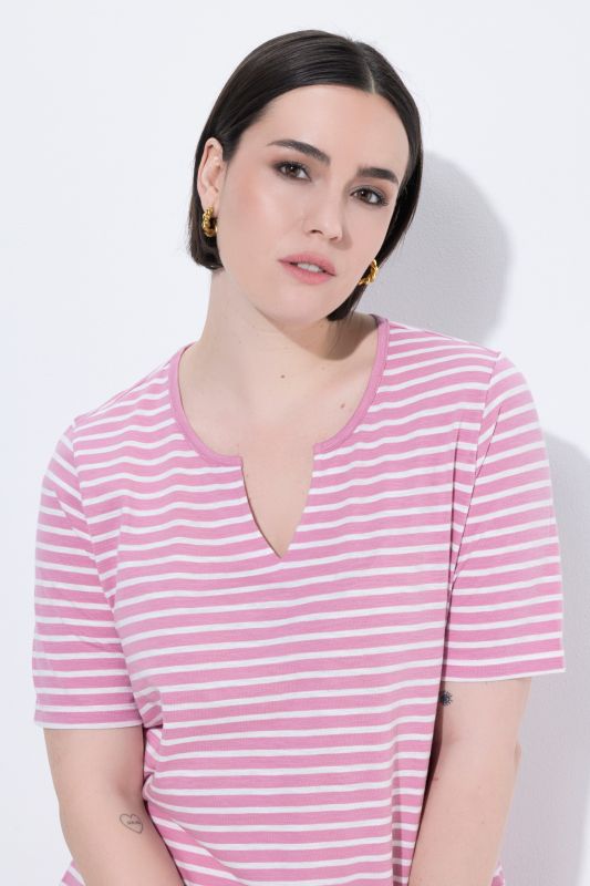 Striped Split Neck Short Sleeve Tee